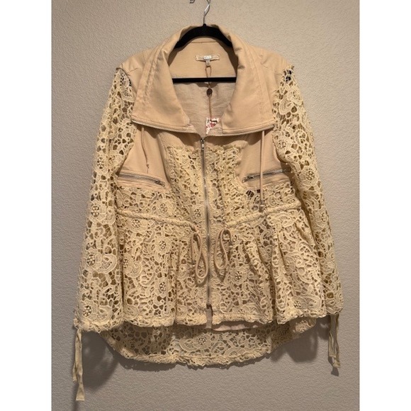 Buckle Cream Lace Jacket Women's Zip Up Drawstring Waist Lightweight Coat - Picture 1 of 9